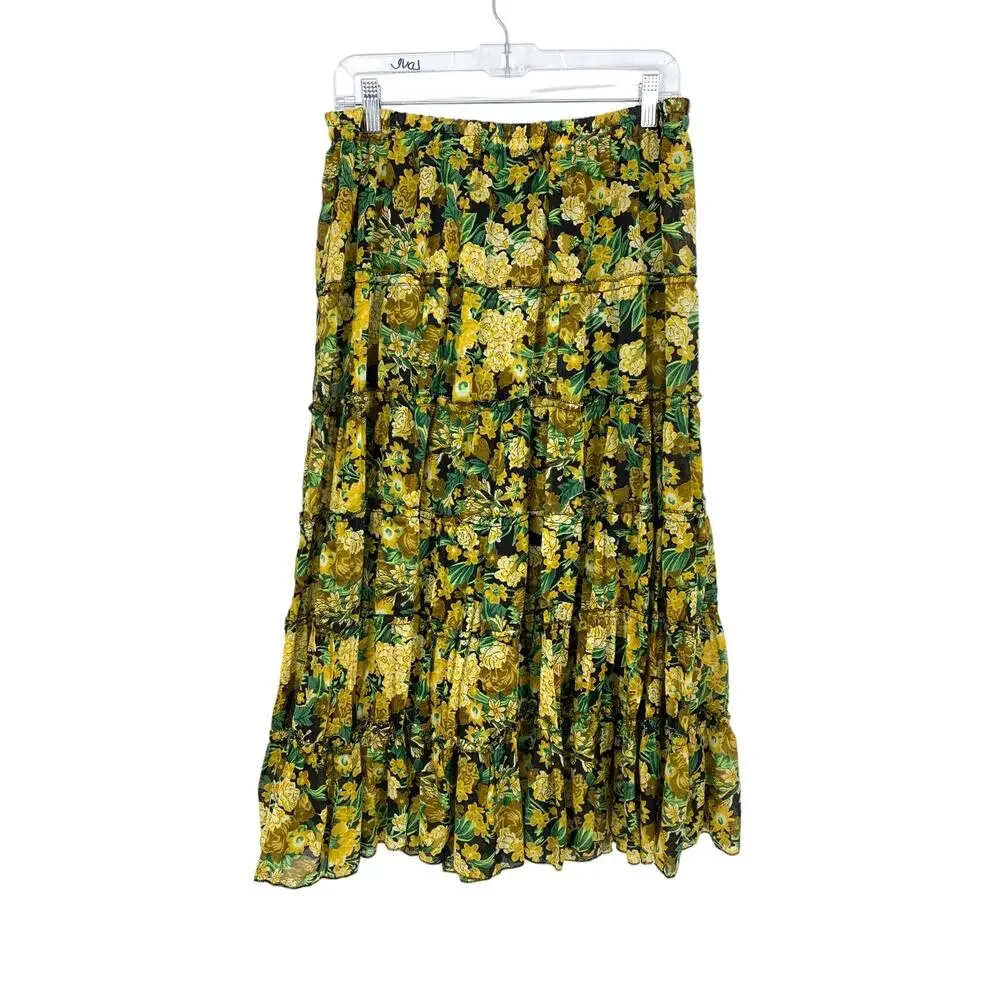 Preswick & Moore Midi Skirt Womens Sz L A-Line Tiered Yellow Floral Print Boho